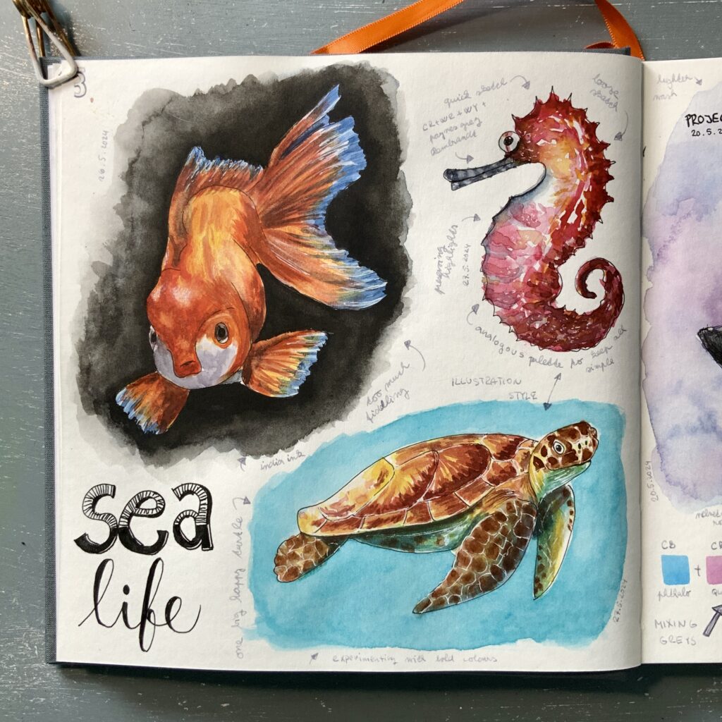 fish, seahorse and turtle sketch