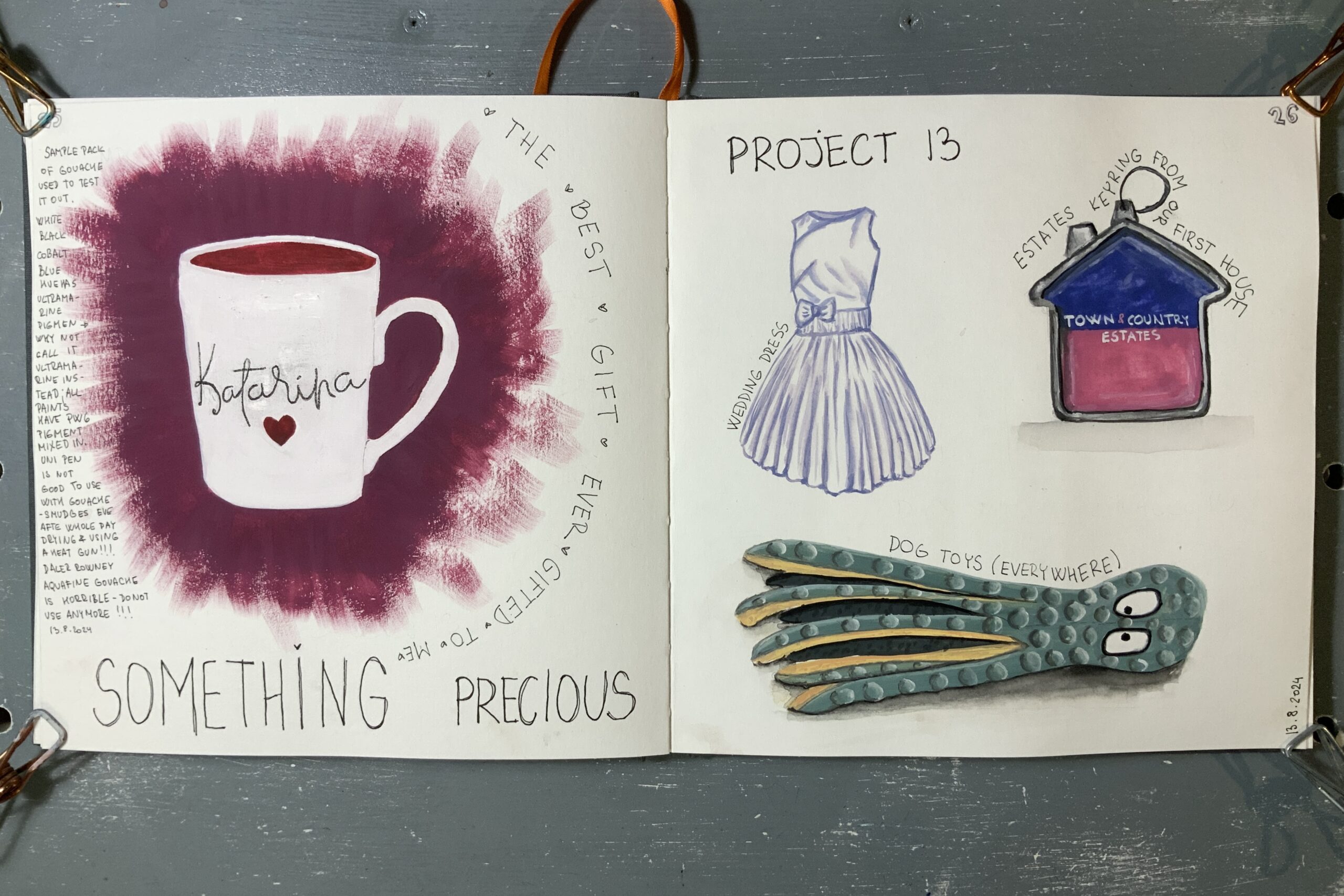 mug, wedding dress, key ring and octopus dog toy sketches